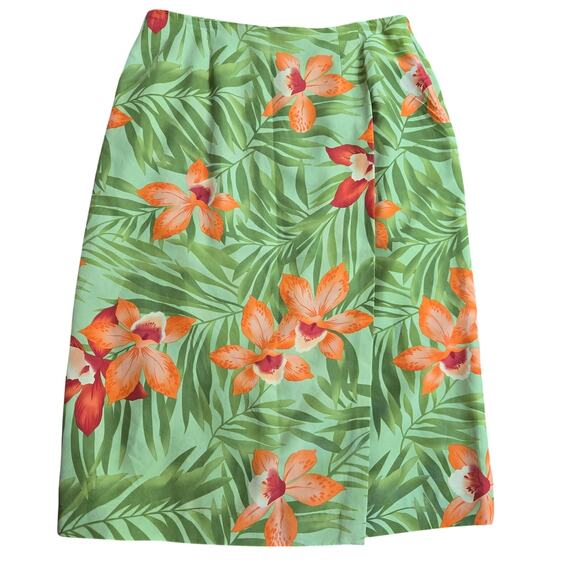 Worthington Vtg Green Floral Silk Hawaiian Tropic Vacation Resort Midi Skirt 10 - Picture 1 of 9